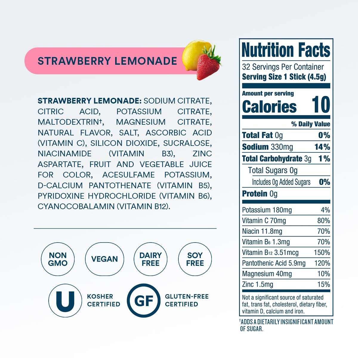 DripDrop Zero Sugar Strawberry Lemonade Electrolyte Powder, 8 oz sticks, 32 count U0