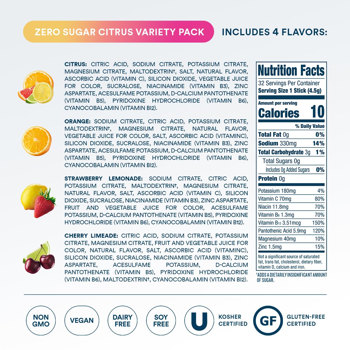DripDrop Zero Sugar Citrus Variety Pack Electrolyte Powder, 8 oz sticks, 32 count I4