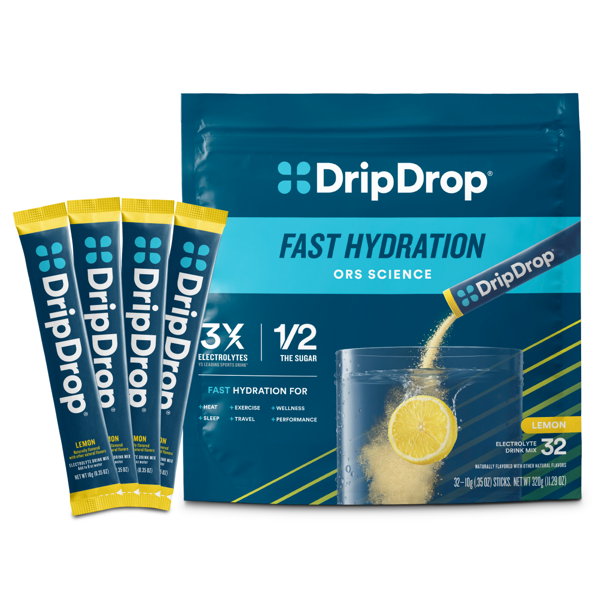 DripDrop Lemon Electrolyte Powder, 8 oz sticks, 32 count M7