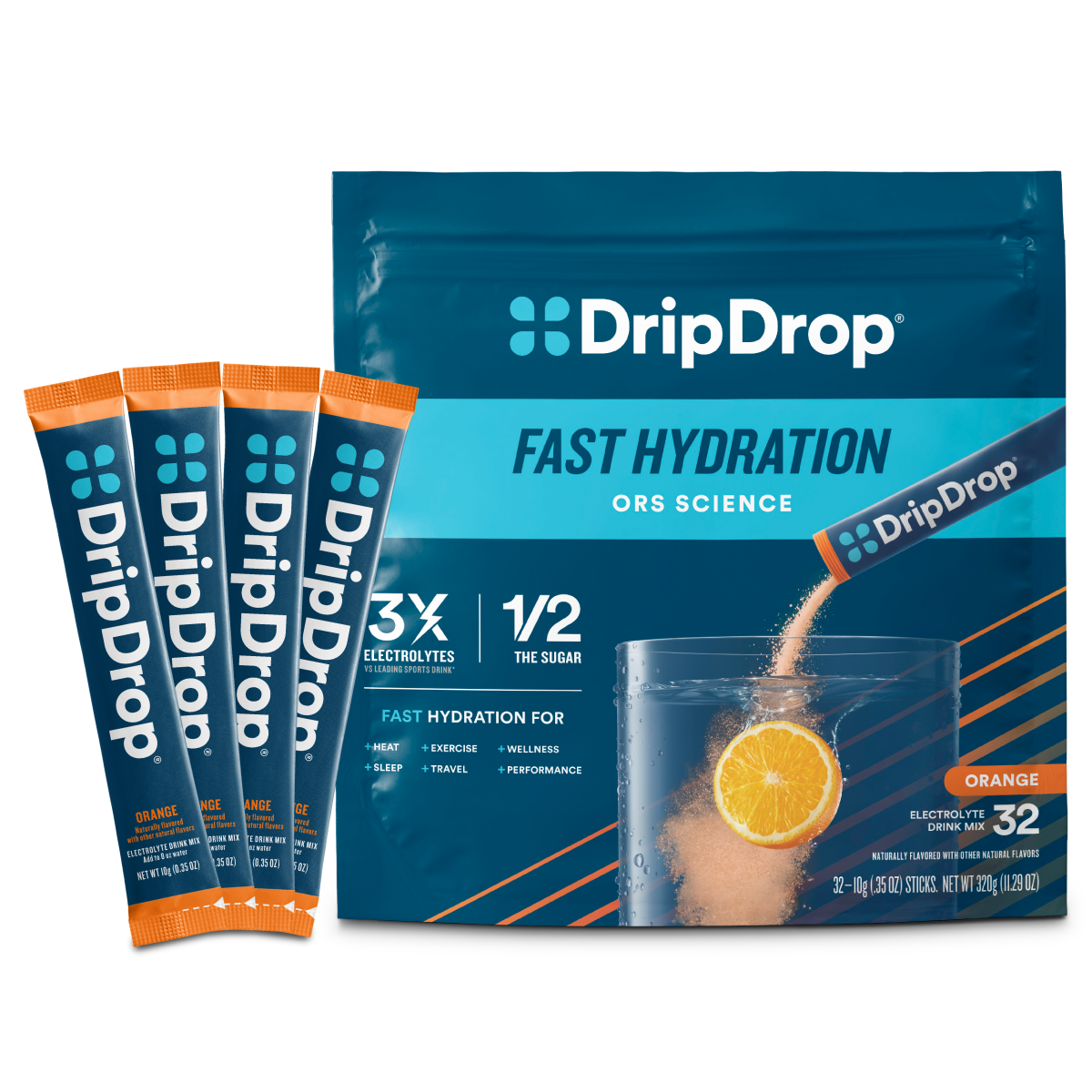 DripDrop Orange Electrolyte Powder, 8 oz sticks, 32 count A0