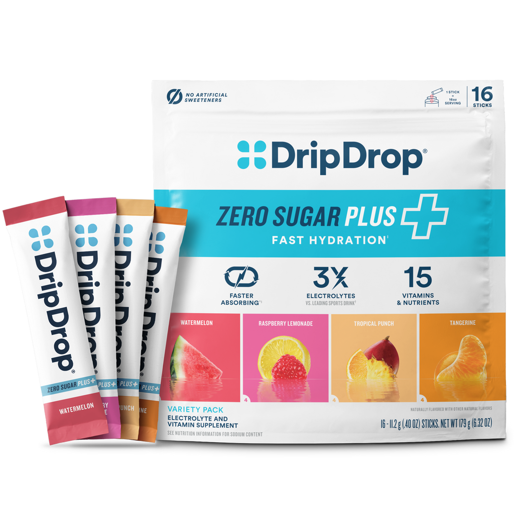 DripDrop Zero Sugar Plus, Watermelon, Tangerine, Tropical Punch, Raspberry Lemonade, 16 oz sticks, 16 count A5