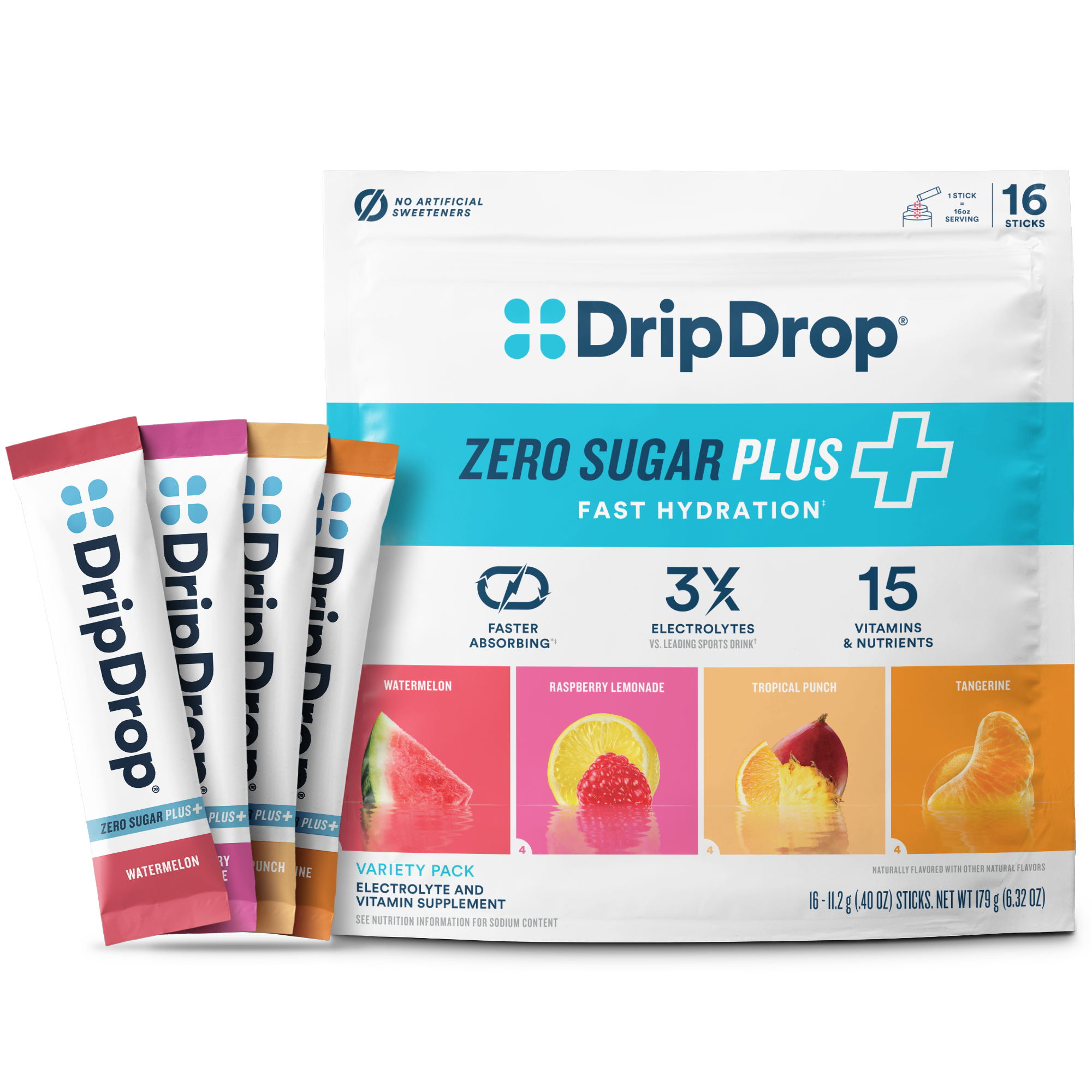 DripDrop Zero Sugar Plus, Watermelon, Tangerine, Tropical Punch, Raspberry Lemonade, 16 oz sticks, 16 count A5