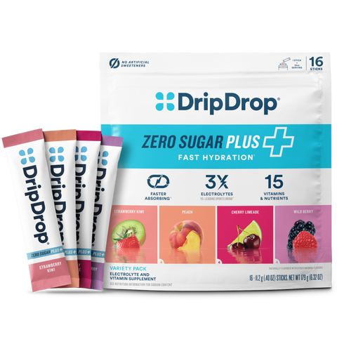 DripDrop Zero Sugar Plus, Strawberry Kiwi, Peach, Cherry Limeade, Wild Berry, 16 oz sticks, 16 count U7