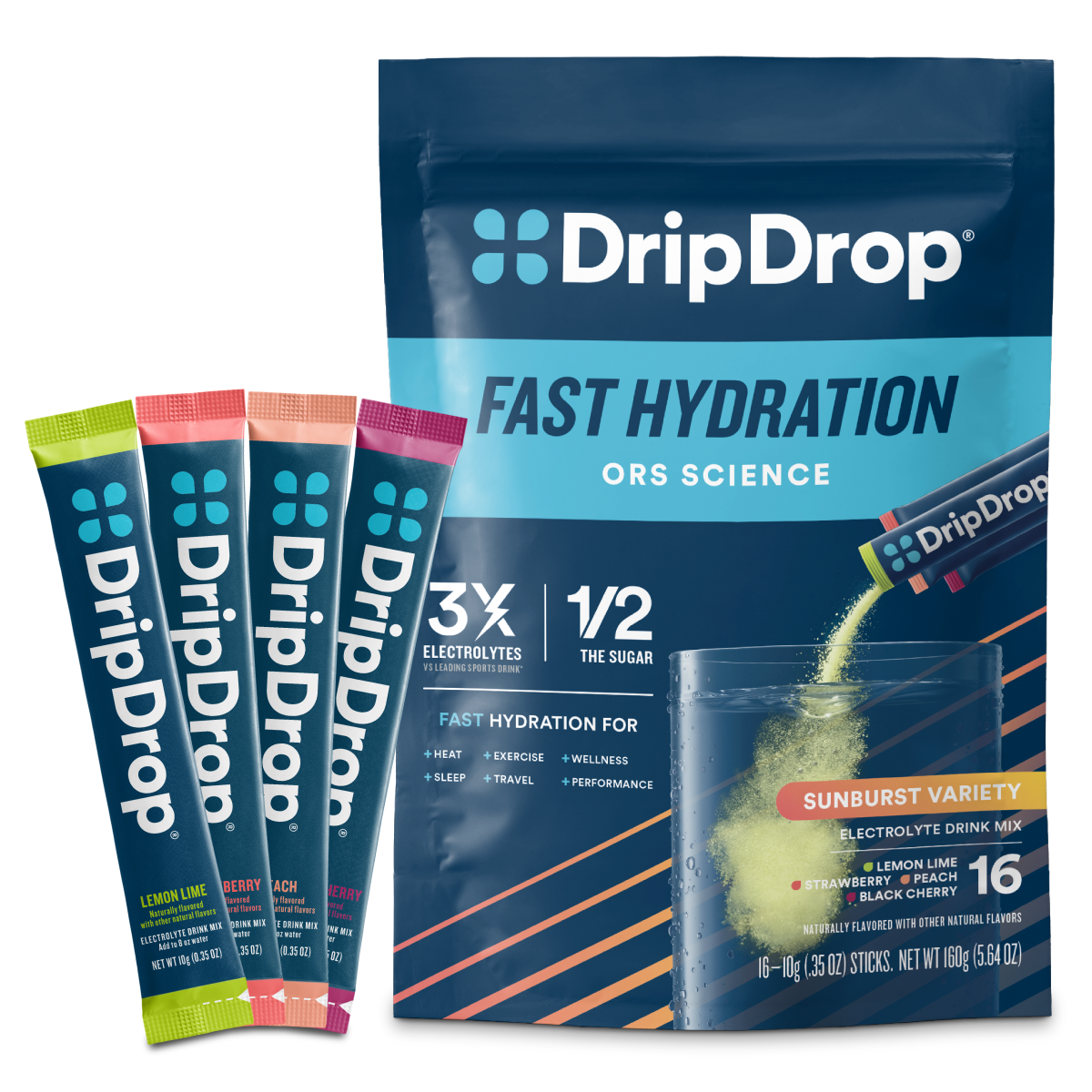 DripDrop Sunburst Variety Pack Electrolyte Powder, 8 oz sticks, 16 count R0