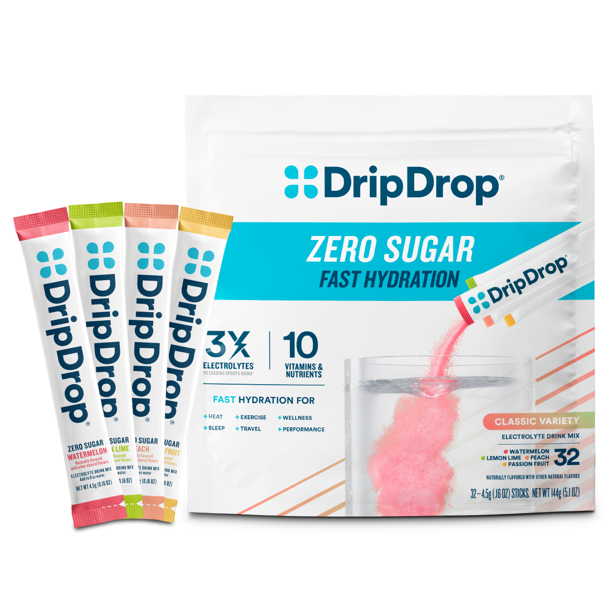DripDrop Zero Sugar Classic Variety Pack Electrolyte Powder, 8 oz sticks, 32 count L6