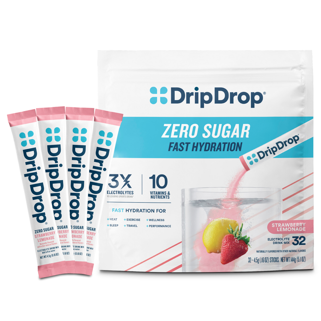 DripDrop Zero Sugar Strawberry Lemonade Electrolyte Powder, 8 oz sticks, 32 count U0