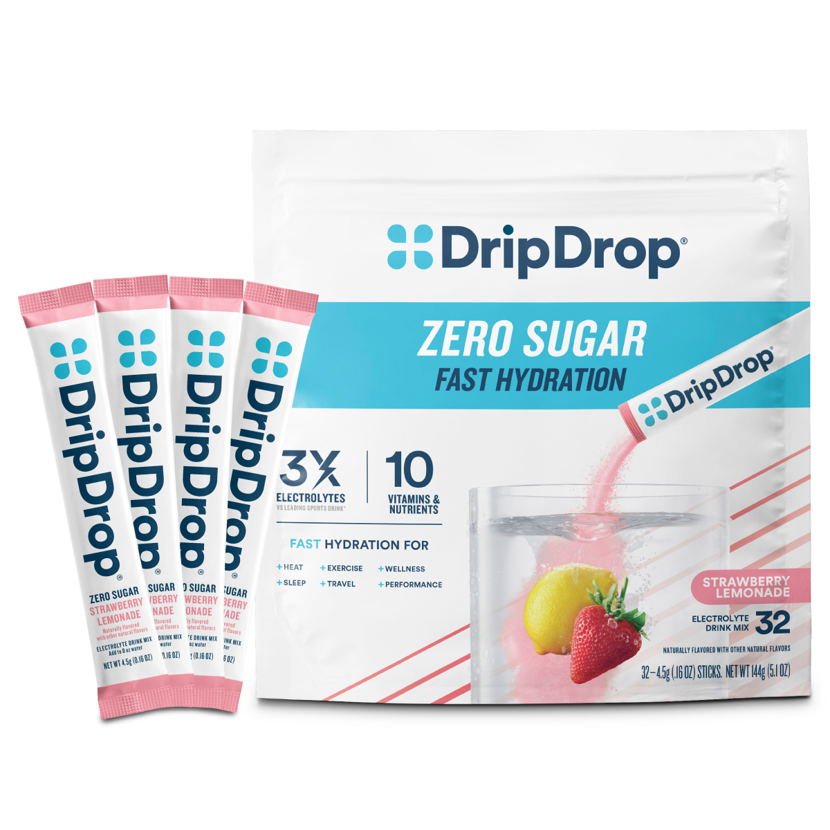 DripDrop Zero Sugar Strawberry Lemonade Electrolyte Powder, 8 oz sticks, 32 count U0