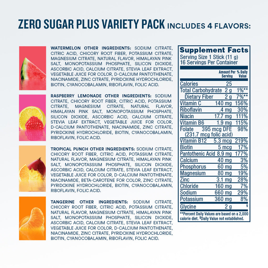DripDrop Zero Sugar Plus, Watermelon, Tangerine, Tropical Punch, Raspberry Lemonade, 16 oz sticks, 16 count A5