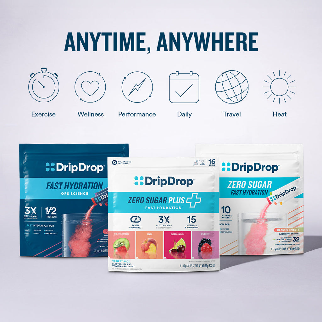 DripDrop Zero Sugar Plus, Strawberry Kiwi, Peach, Cherry Limeade, Wild Berry, 16 oz sticks, 16 count U7