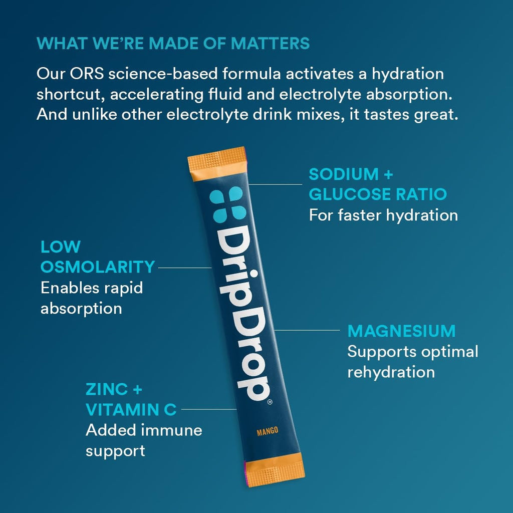 DripDrop Tropical Variety Pack Electrolyte Powder, 8 oz sticks, 16 count I8